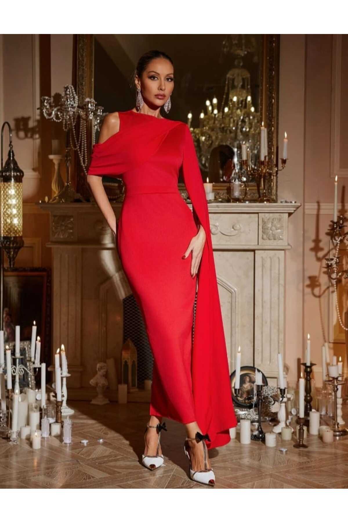 Lu Kırmızı Tek Omuz Kadın Elbise